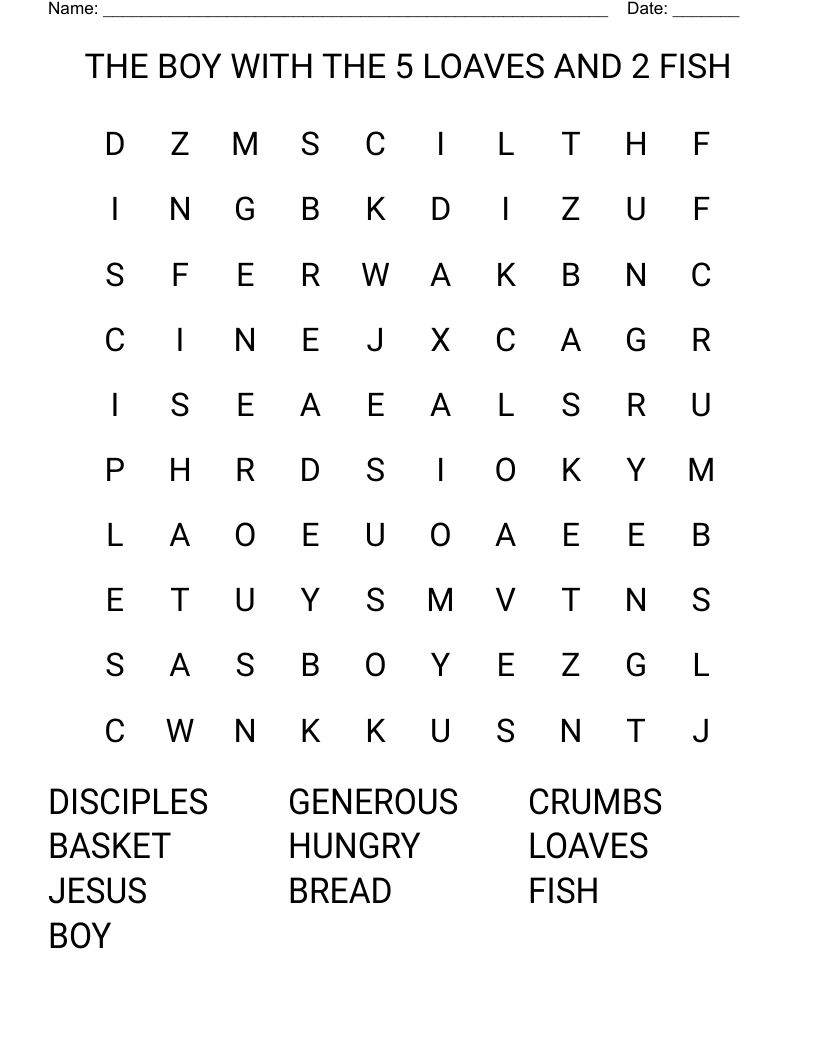 THE BOY WITH THE 5 LOAVES AND 2 FISH Word Search