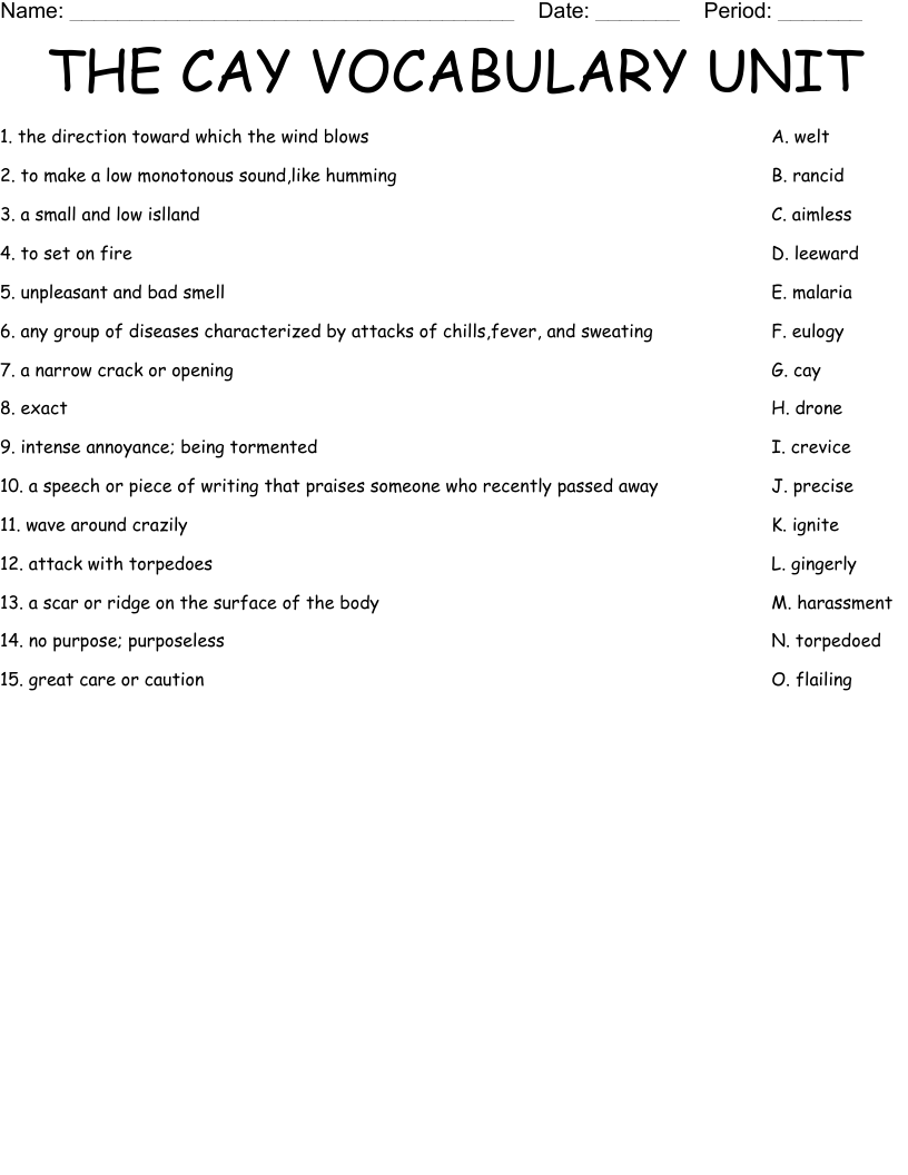 THE CAY VOCABULARY UNIT Worksheet