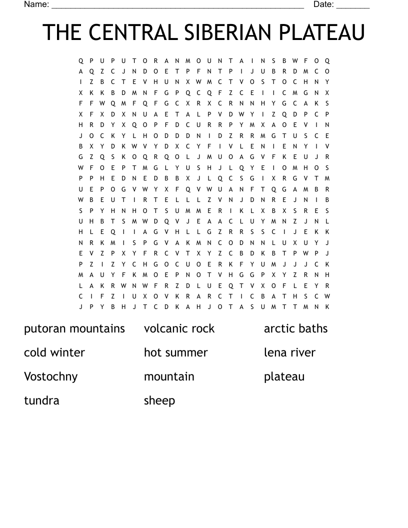 THE CENTRAL SIBERIAN PLATEAU Word Search