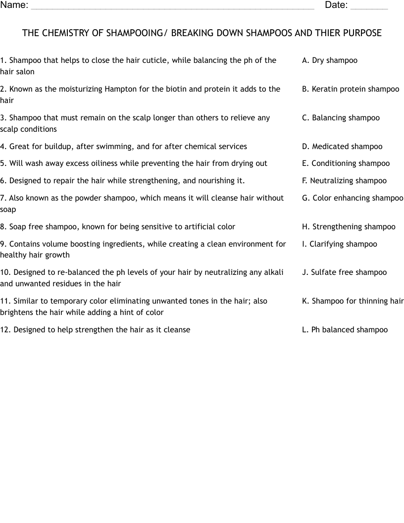 THE CHEMISTRY OF SHAMPOOING/ BREAKING DOWN SHAMPOOS AND THIER PURPOSE  Worksheet