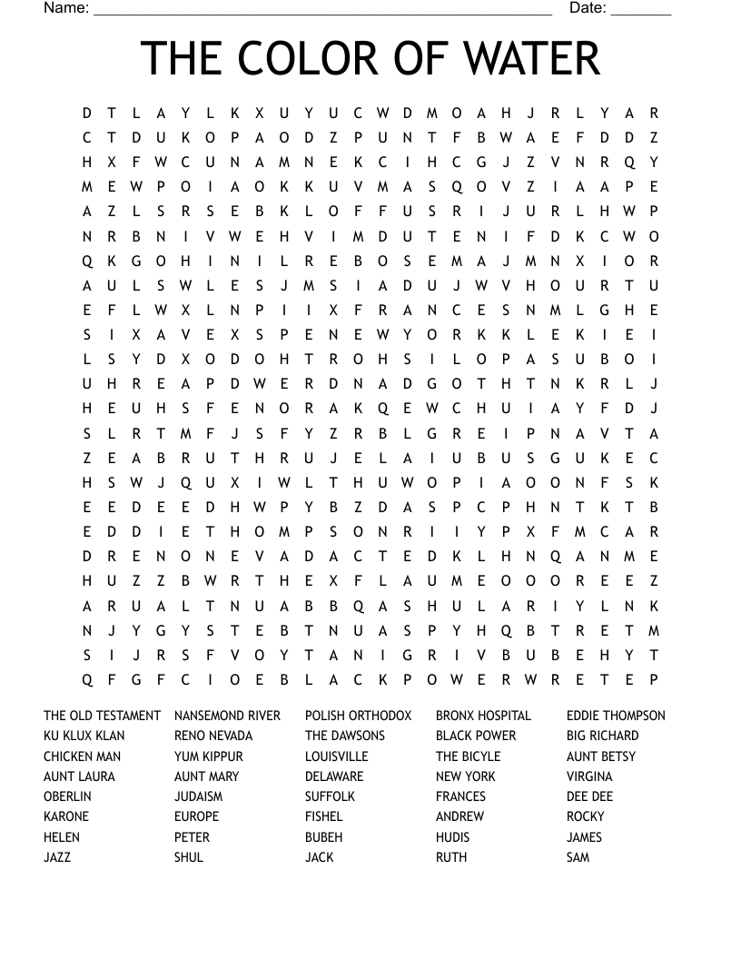 THE COLOR OF WATER Word Search