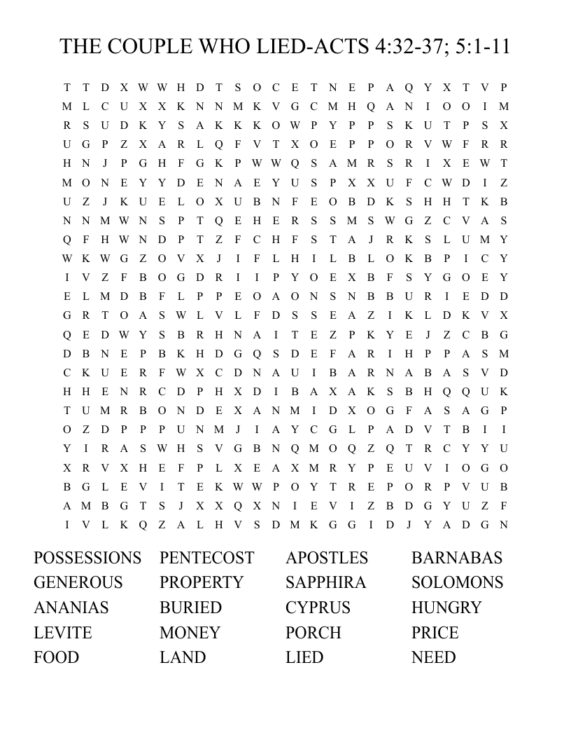THE COUPLE WHO LIED-ACTS 4:32-37; 5:1-11 Word Search