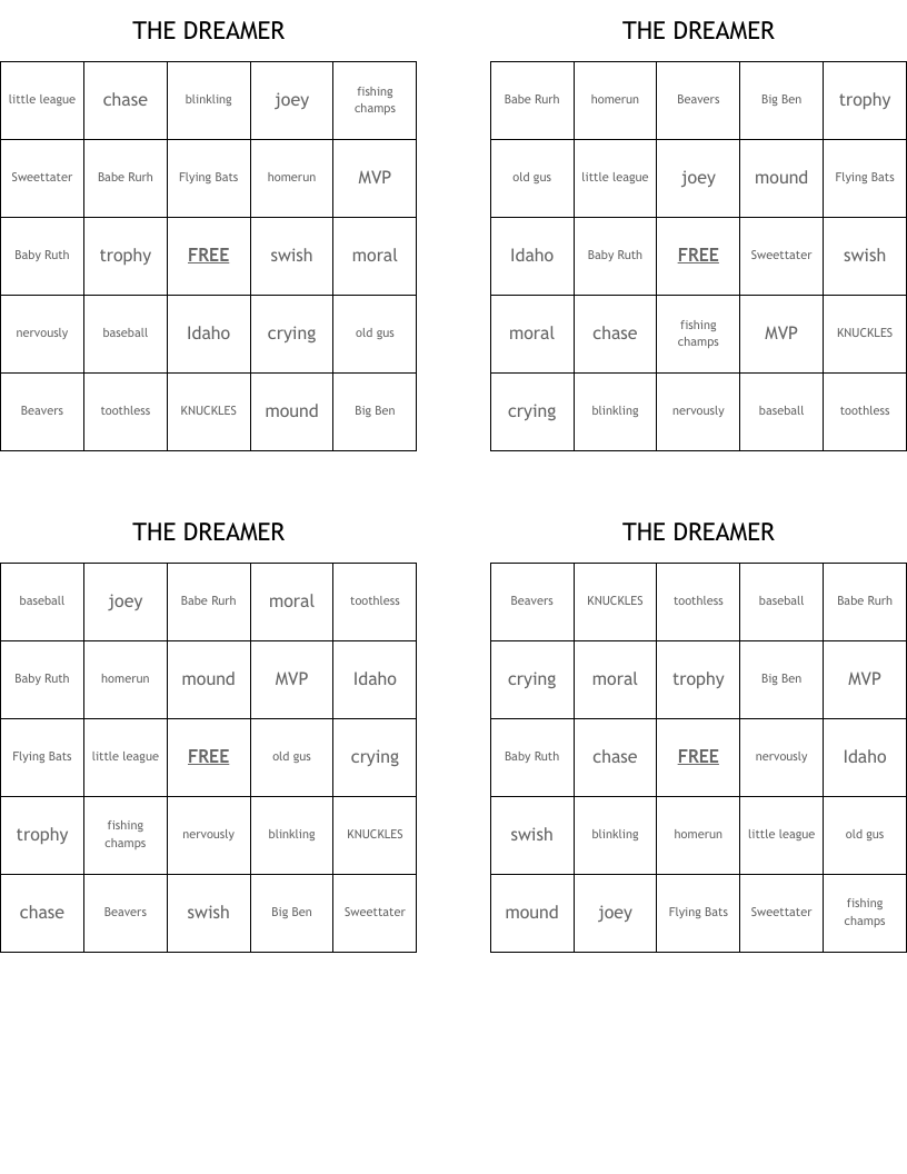THE DREAMER Bingo Cards