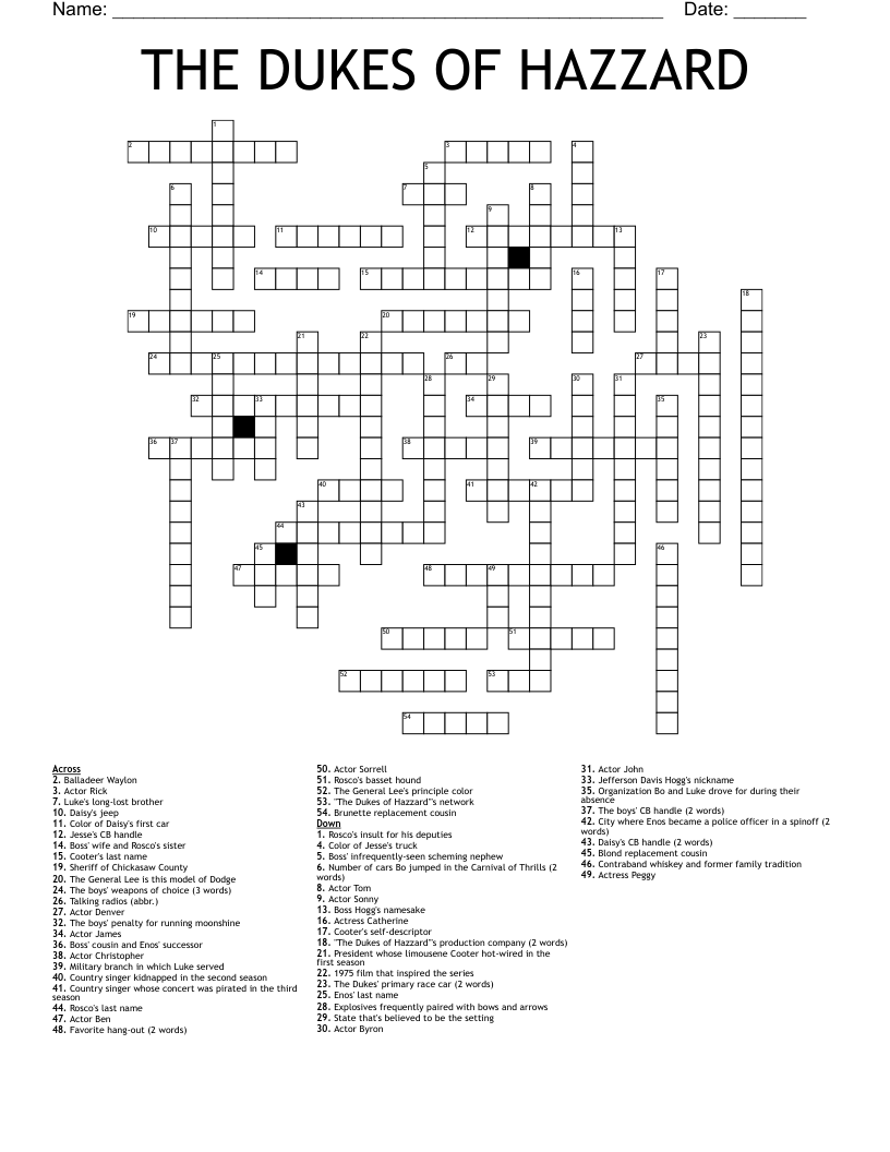 THE DUKES OF HAZZARD Crossword