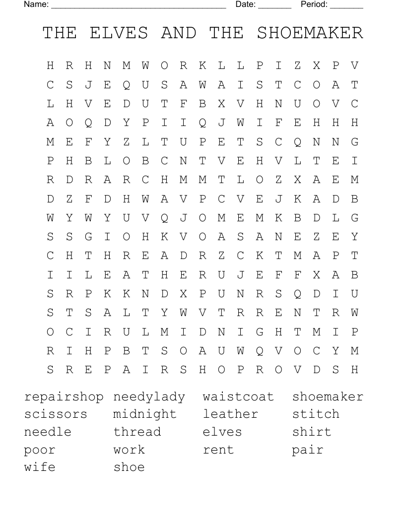 THE ELVES AND THE SHOEMAKER Word Search