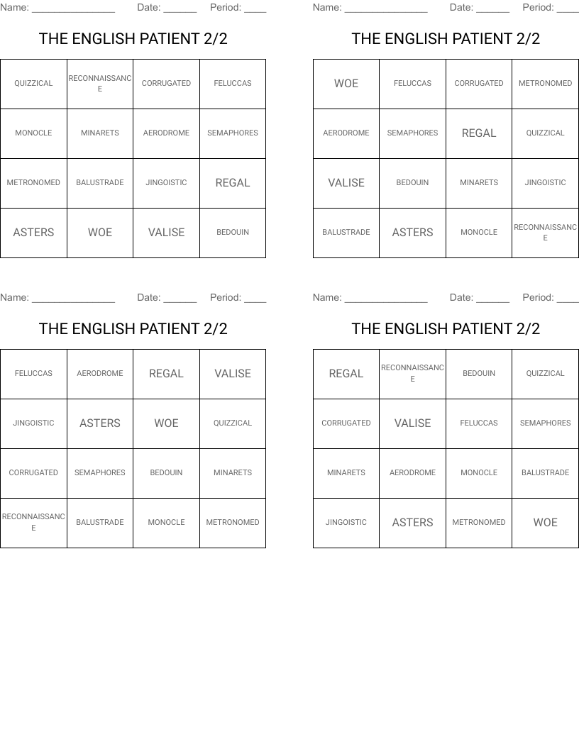 THE ENGLISH PATIENT 2/2 Bingo Cards