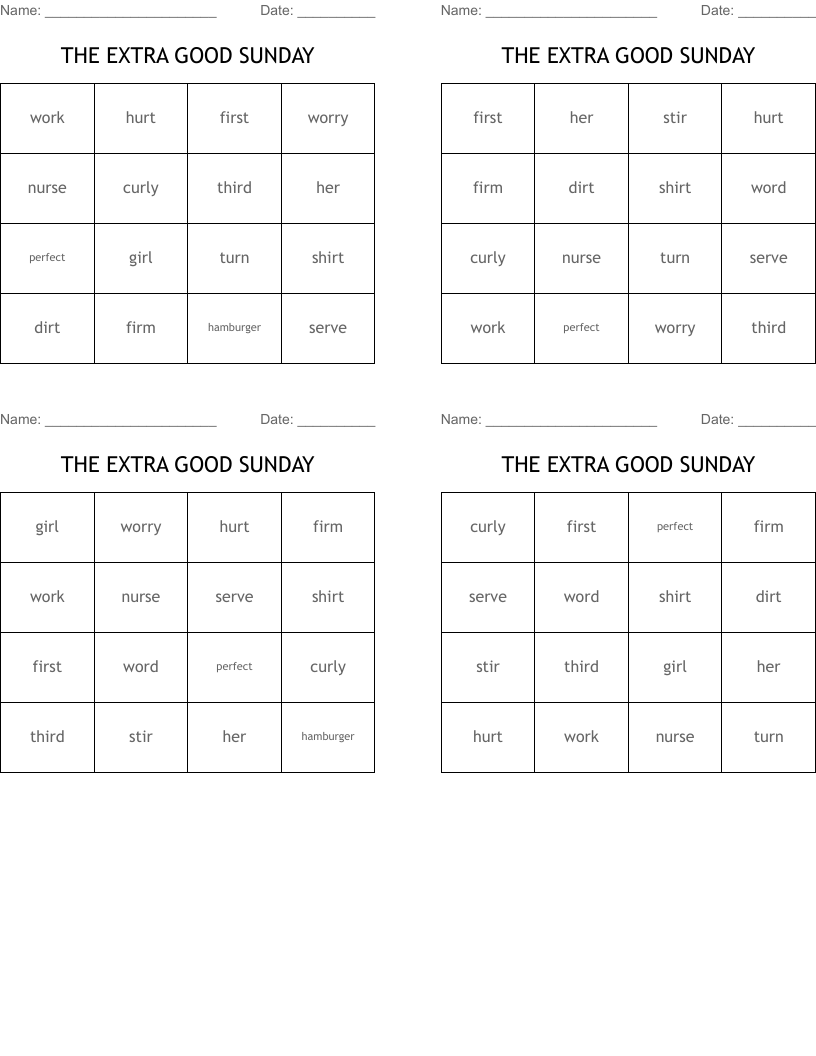 THE EXTRA GOOD SUNDAY Bingo Cards