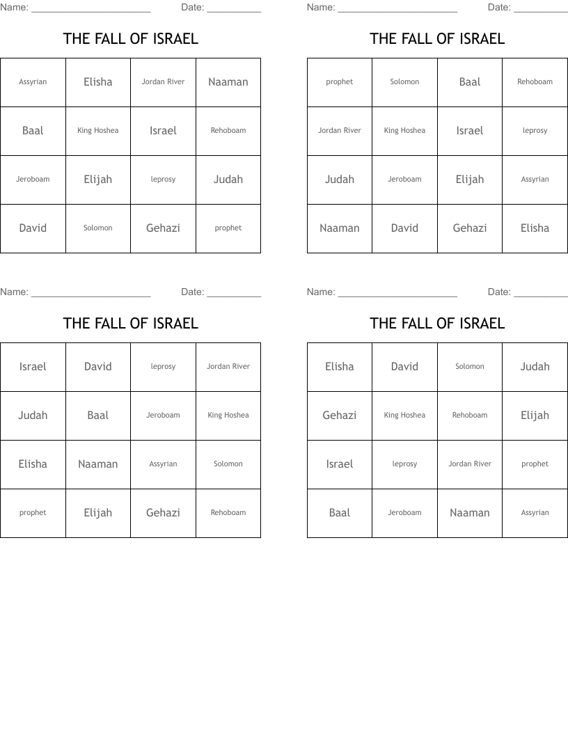 THE FALL OF ISRAEL Bingo Cards