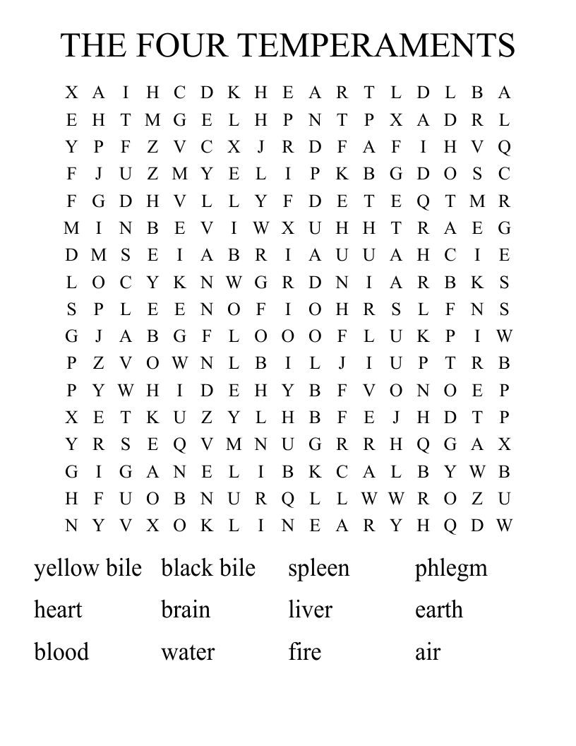 THE FOUR TEMPERAMENTS Word Search