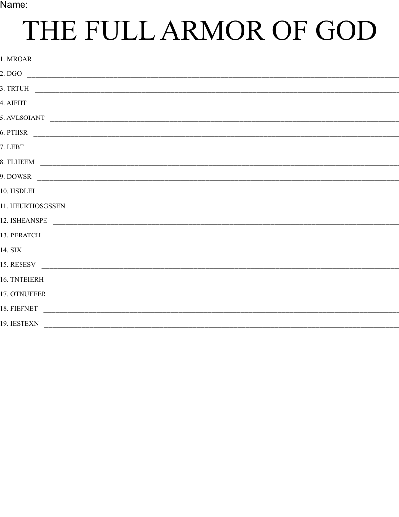 THE FULL ARMOR OF GOD Word Scramble