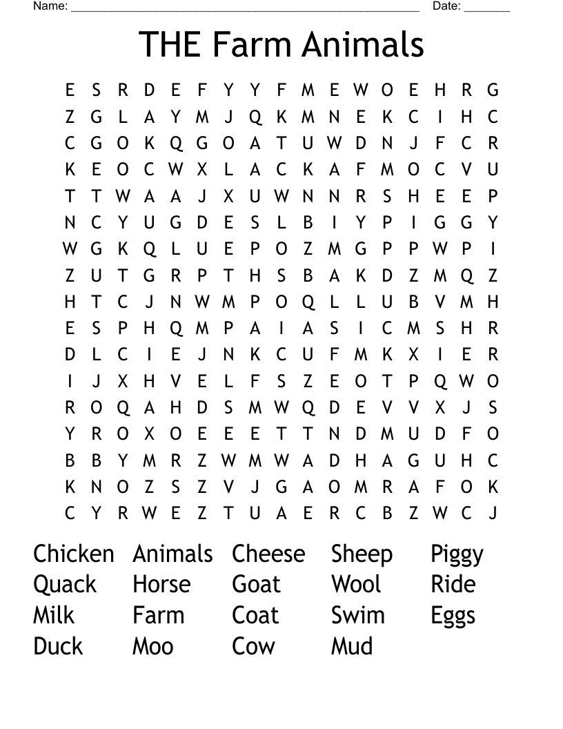 THE Farm Animals Word Search