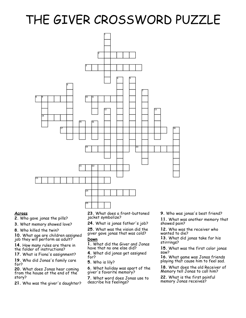 THE GIVER CROSSWORD PUZZLE