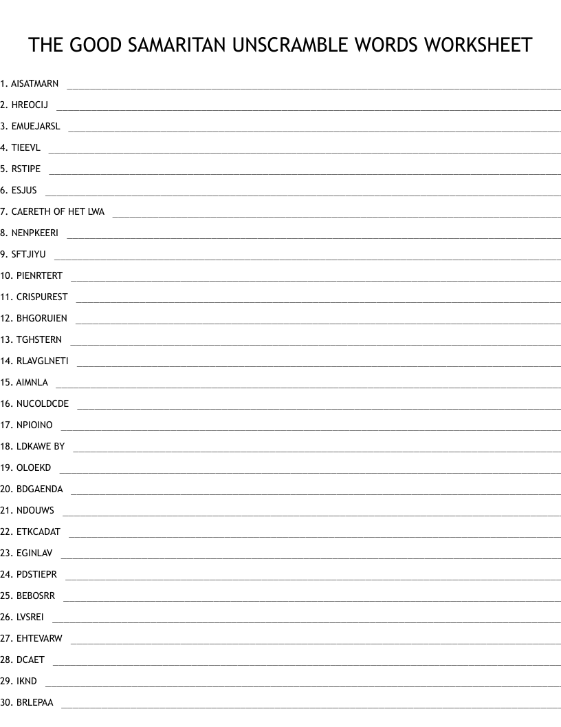 THE GOOD SAMARITAN UNSCRAMBLE WORDS WORKSHEET
