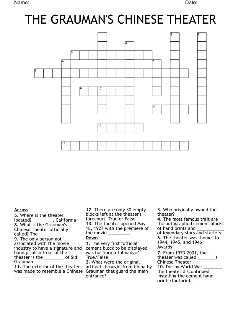 THE GRAUMAN'S CHINESE THEATER Crossword