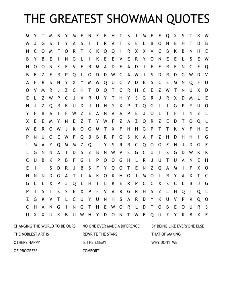 THE GREATEST SHOWMAN QUOTES Word Search