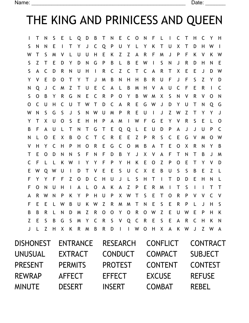 THE KING AND PRINICESS AND QUEEN Word Search