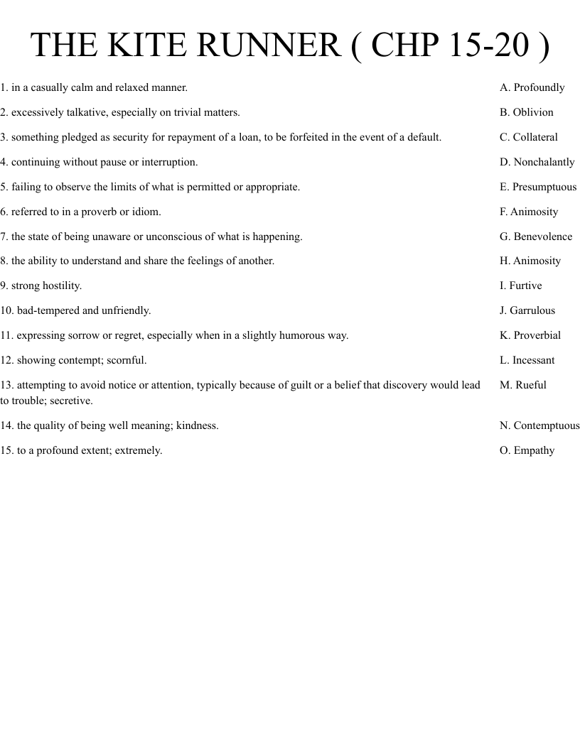 THE KITE RUNNER ( CHP 15-20 ) Worksheet