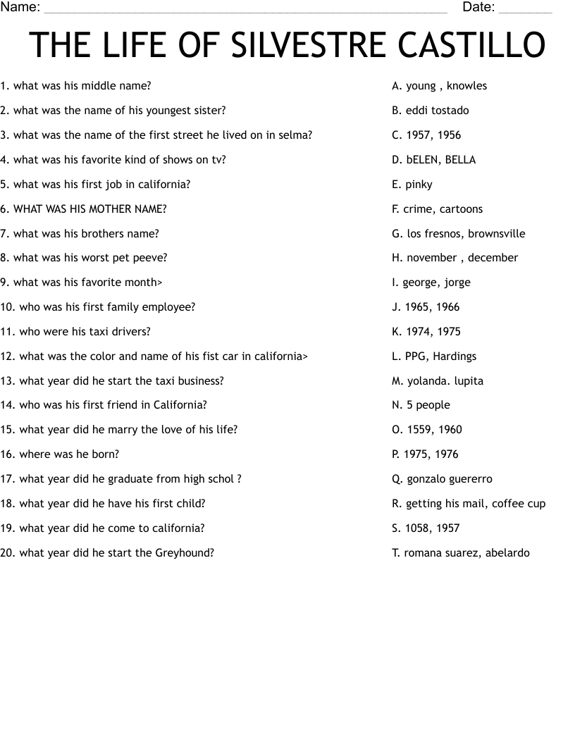 THE LIFE OF SILVESTRE CASTILLO Worksheet
