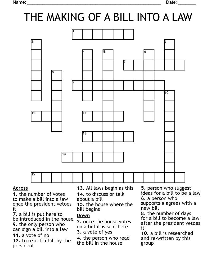 THE MAKING OF A BILL INTO A LAW Crossword