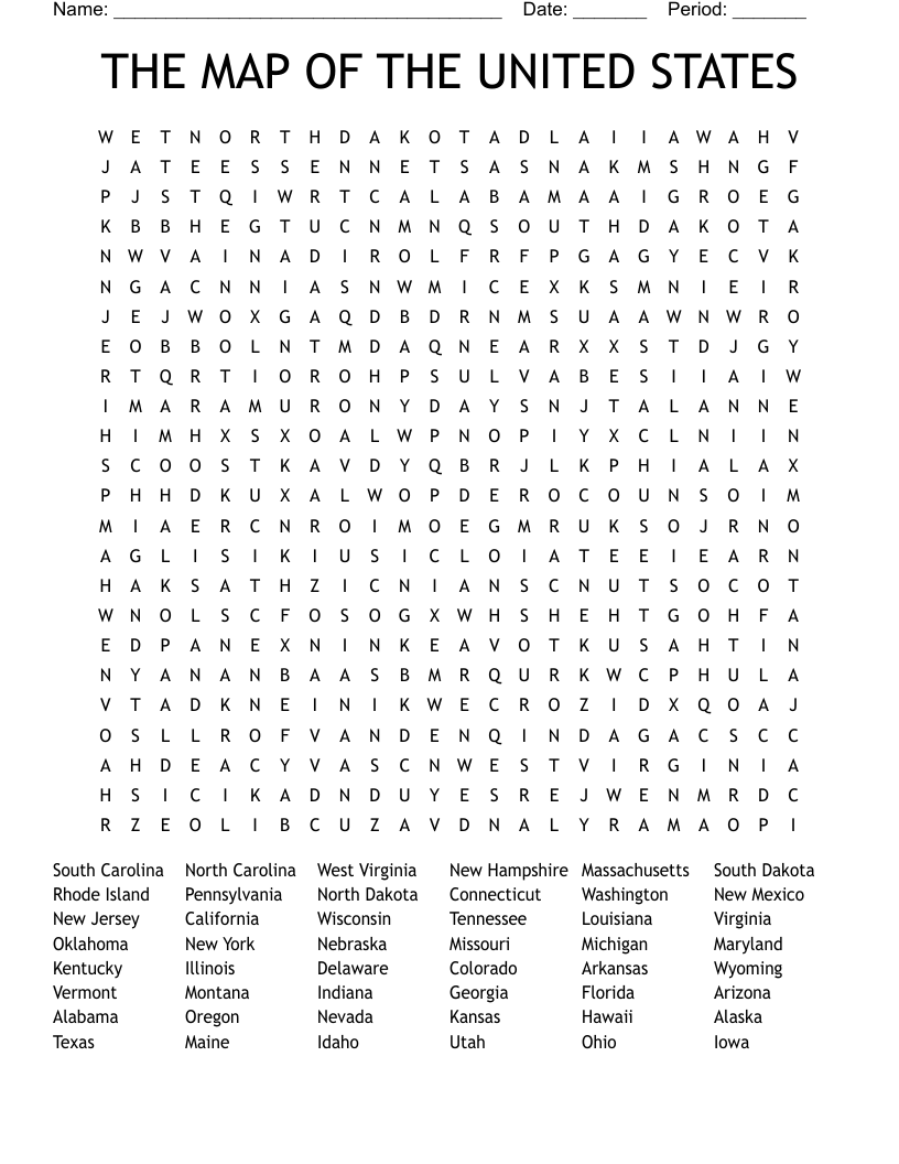 THE MAP OF THE UNITED STATES  Word Search