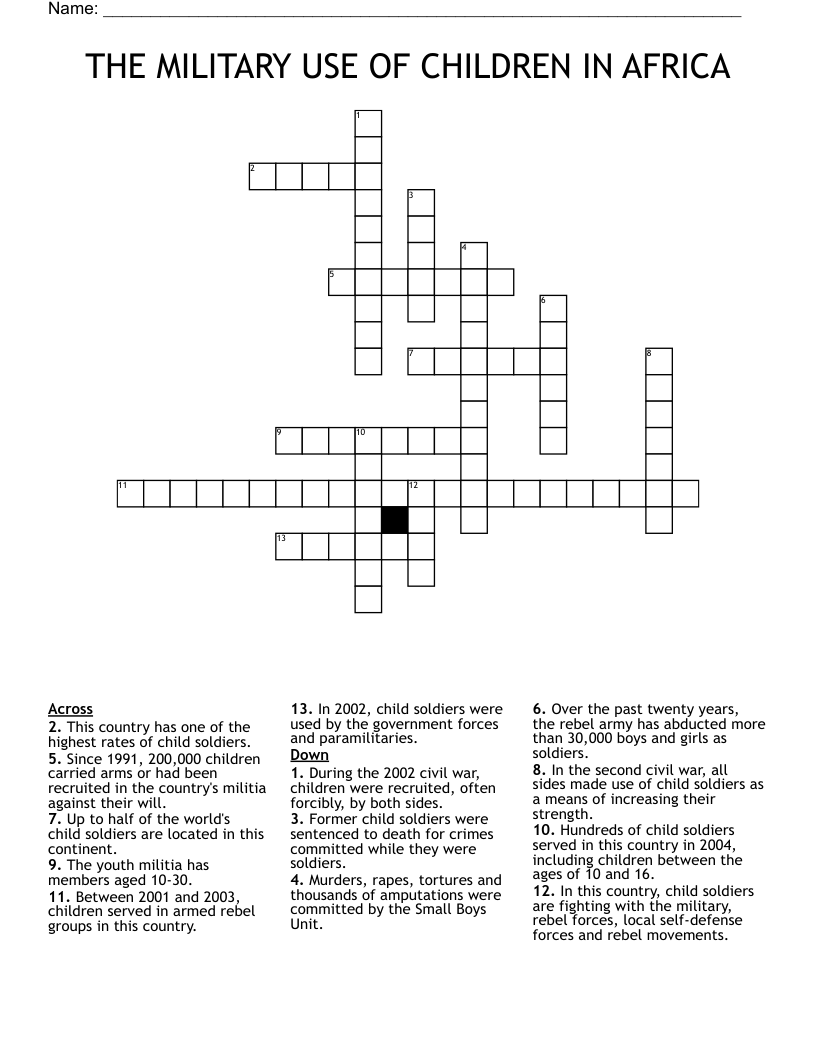 THE MILITARY USE OF CHILDREN IN AFRICA Crossword