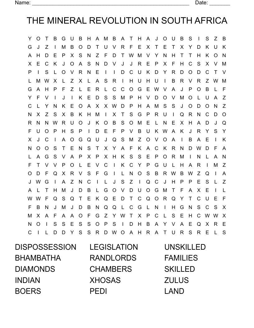 THE MINERAL REVOLUTION IN SOUTH AFRICA Word Search