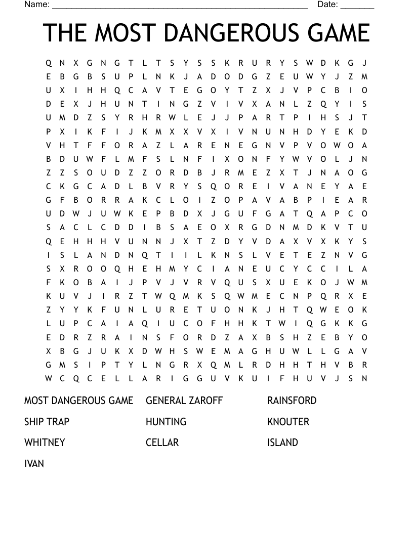 THE MOST DANGEROUS GAME Word Search