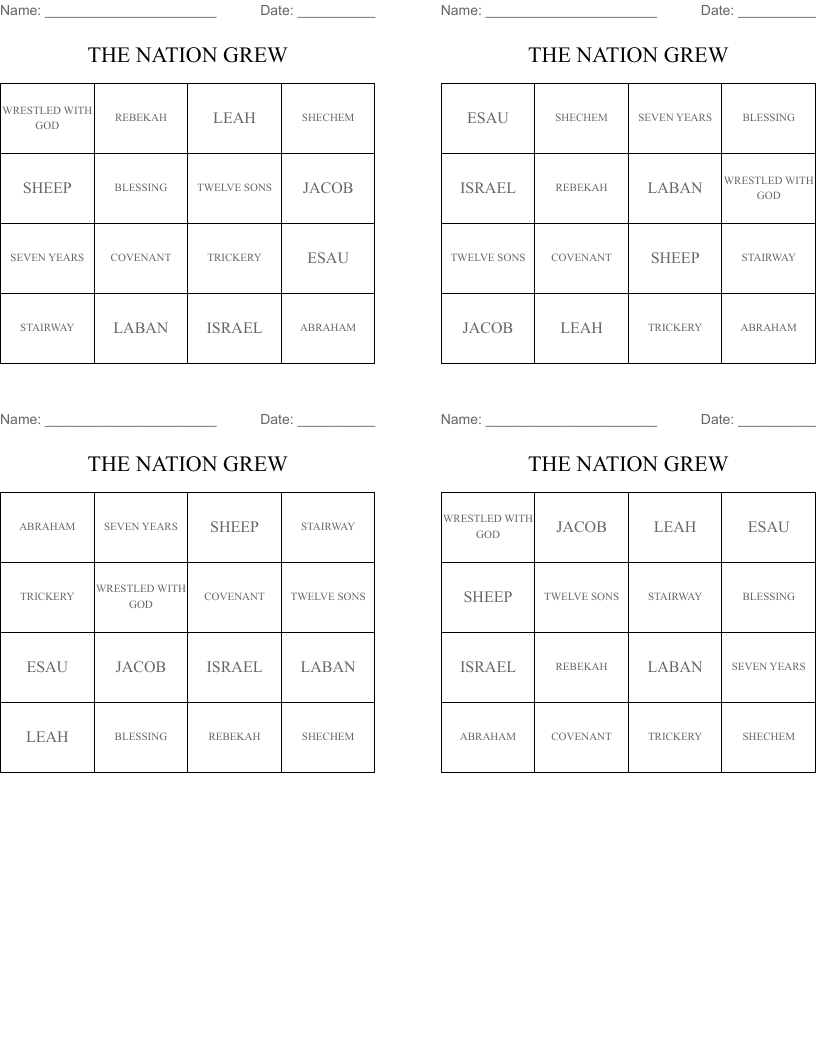 THE NATION GREW Bingo Cards