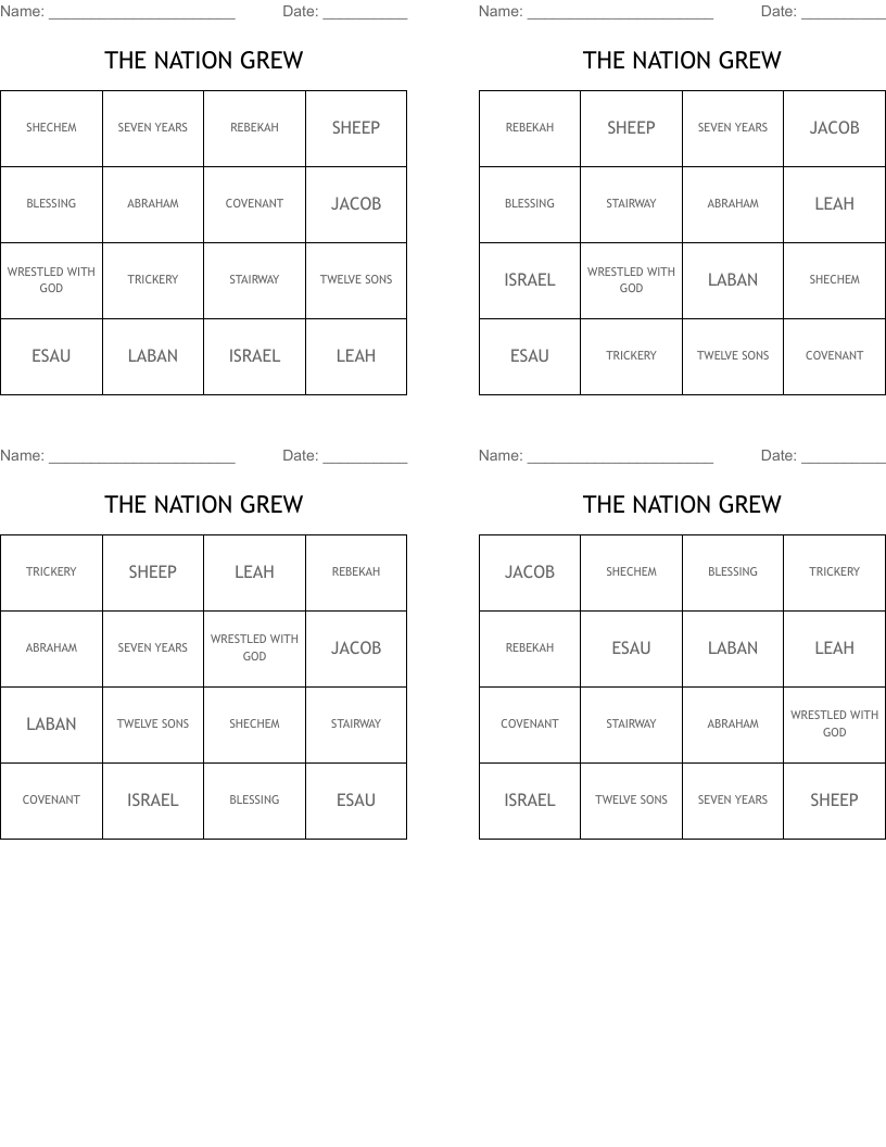 THE NATION GREW Bingo Cards