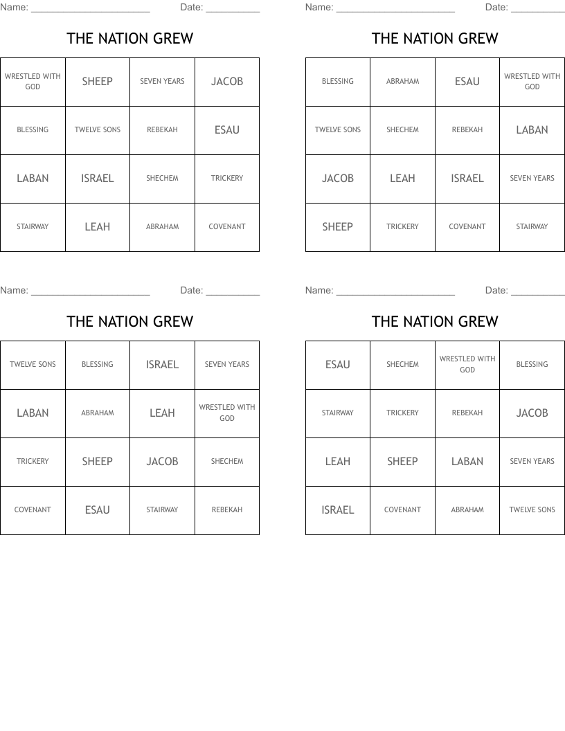 THE NATION GREW Bingo Cards