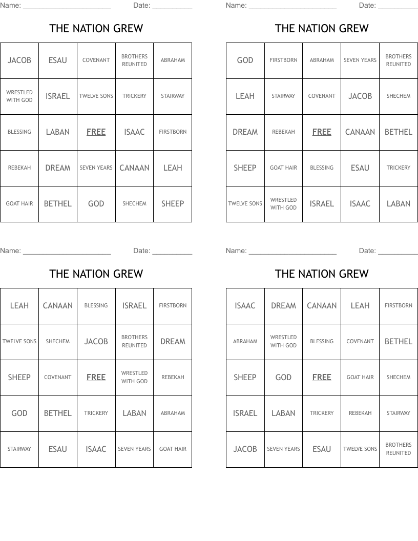 THE NATION GREW Bingo Cards