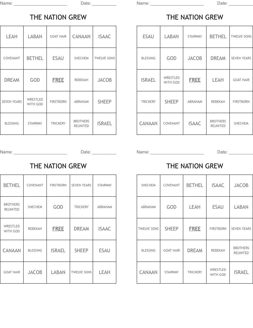 THE NATION GREW Bingo Cards