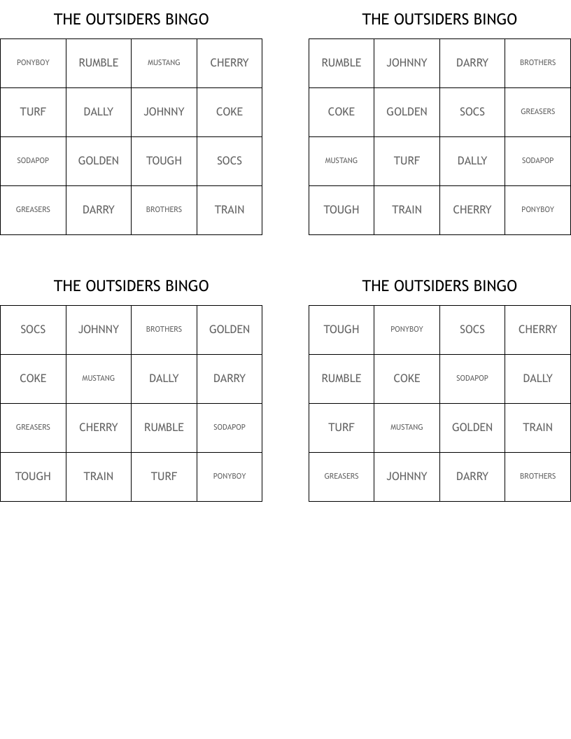 THE OUTSIDERS BINGO