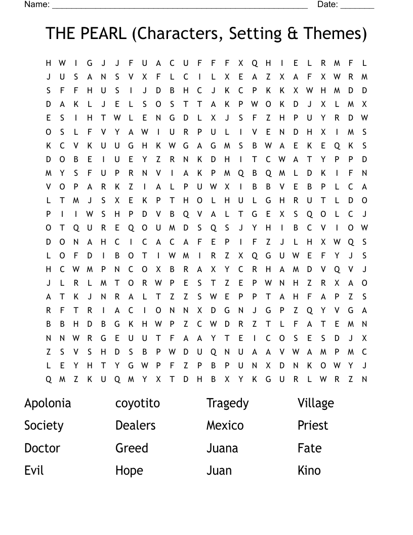 THE PEARL (Characters, Setting & Themes)  Word Search