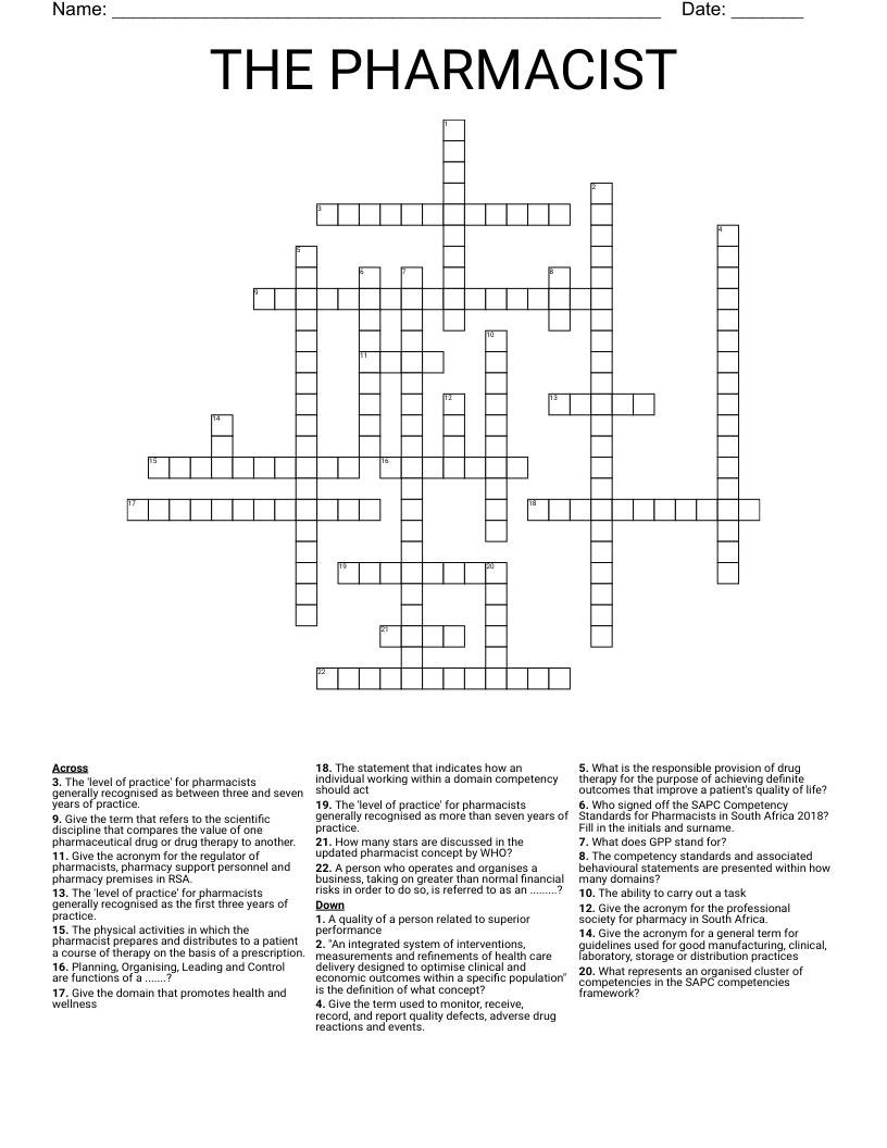 THE PHARMACIST Crossword