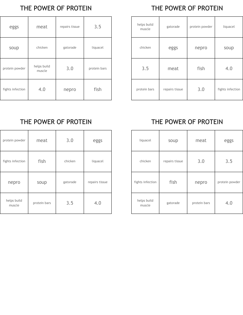 THE POWER OF PROTEIN Bingo Cards