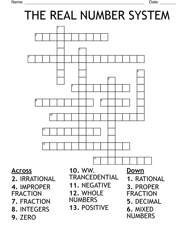 THE REAL NUMBER SYSTEM Crossword