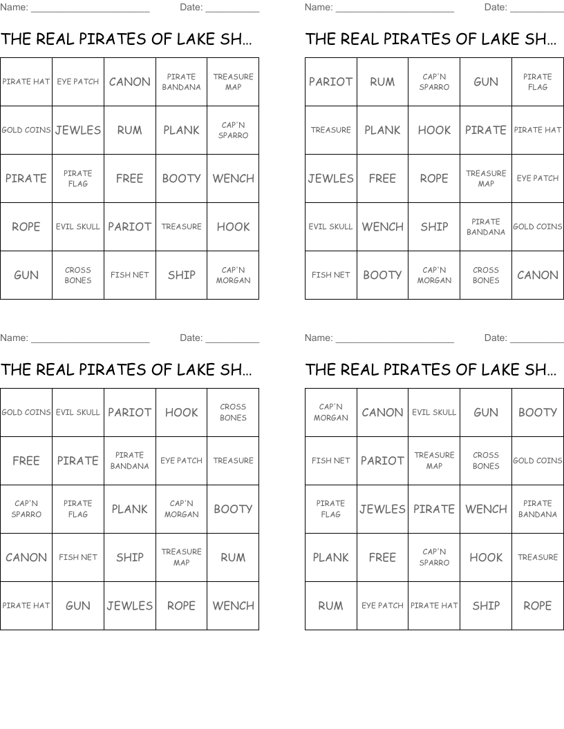 THE REAL PIRATES OF LAKE SHASTA Bingo Cards