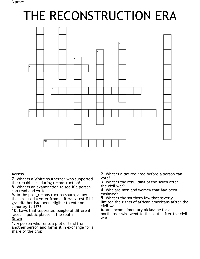 THE RECONSTRUCTION ERA Crossword