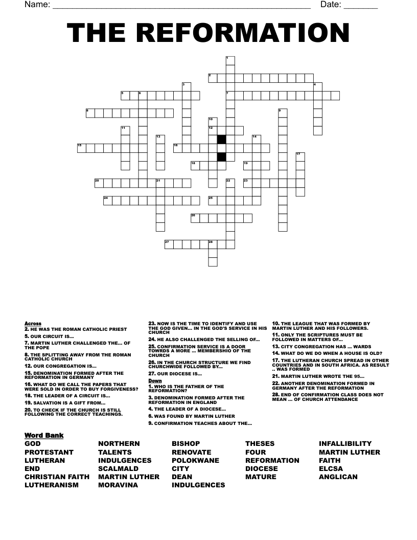 THE REFORMATION Crossword