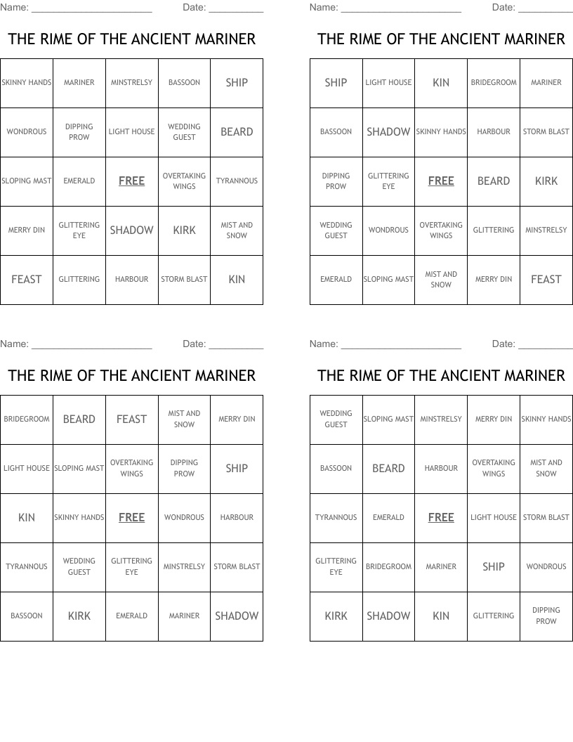 THE RIME OF THE ANCIENT MARINER Bingo Cards