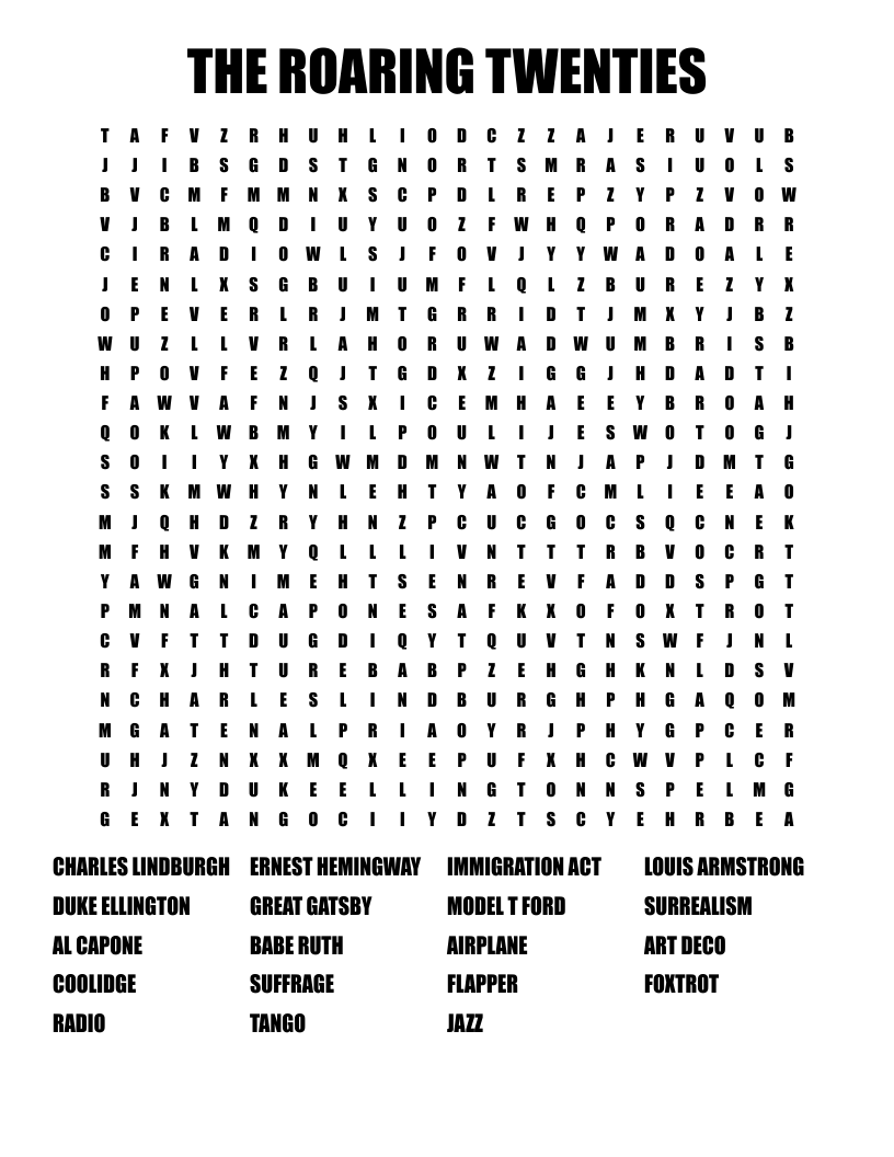 THE ROARING TWENTIES Word Search