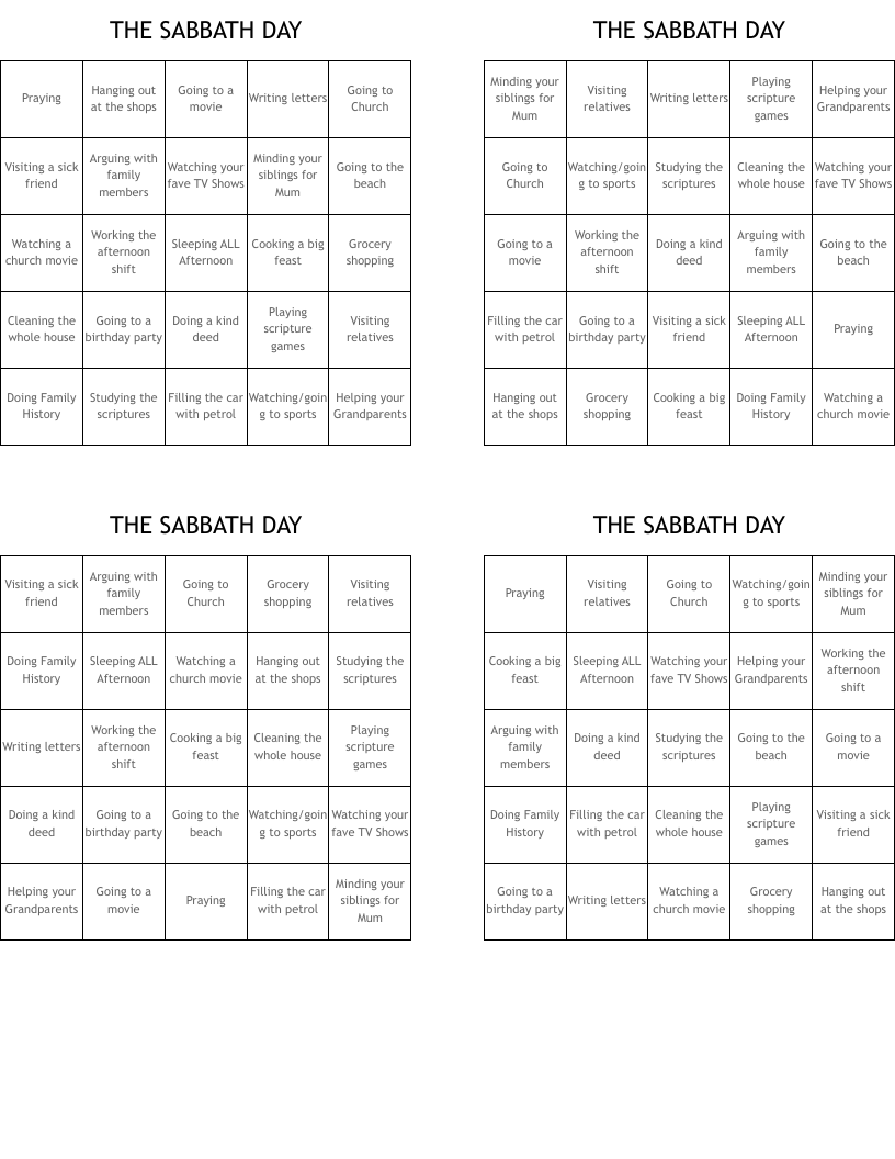 THE SABBATH DAY Bingo Cards