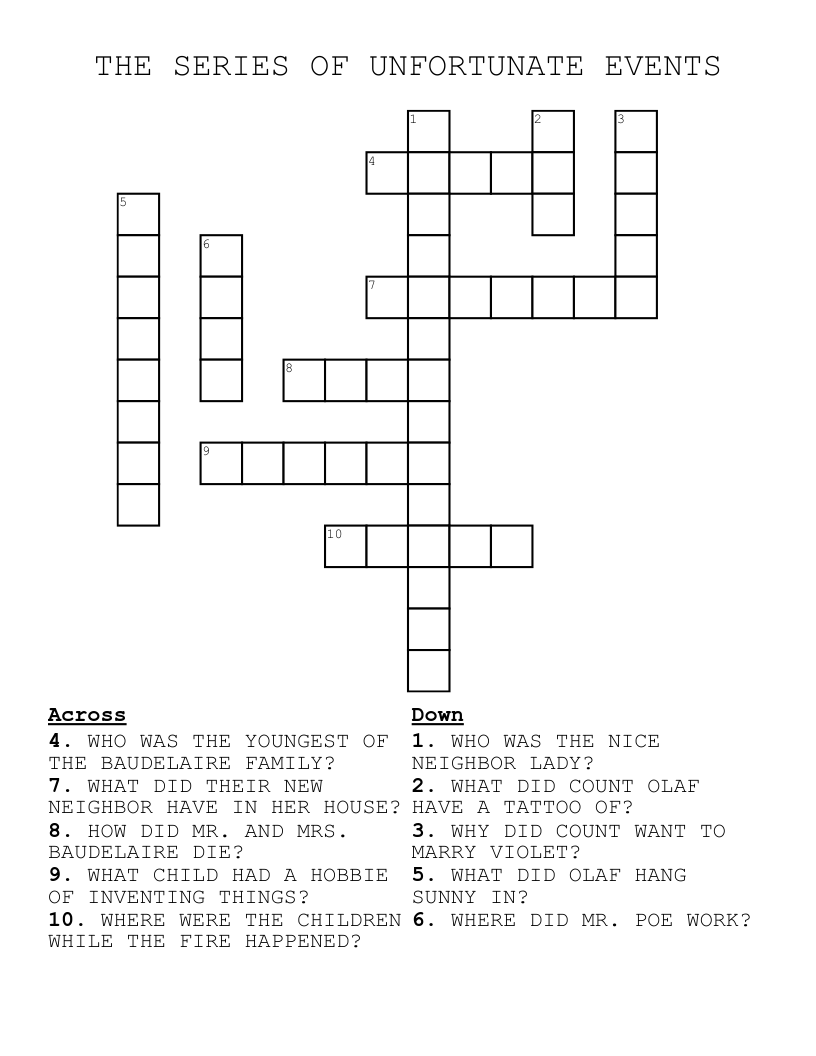 THE SERIES OF UNFORTUNATE EVENTS  Crossword