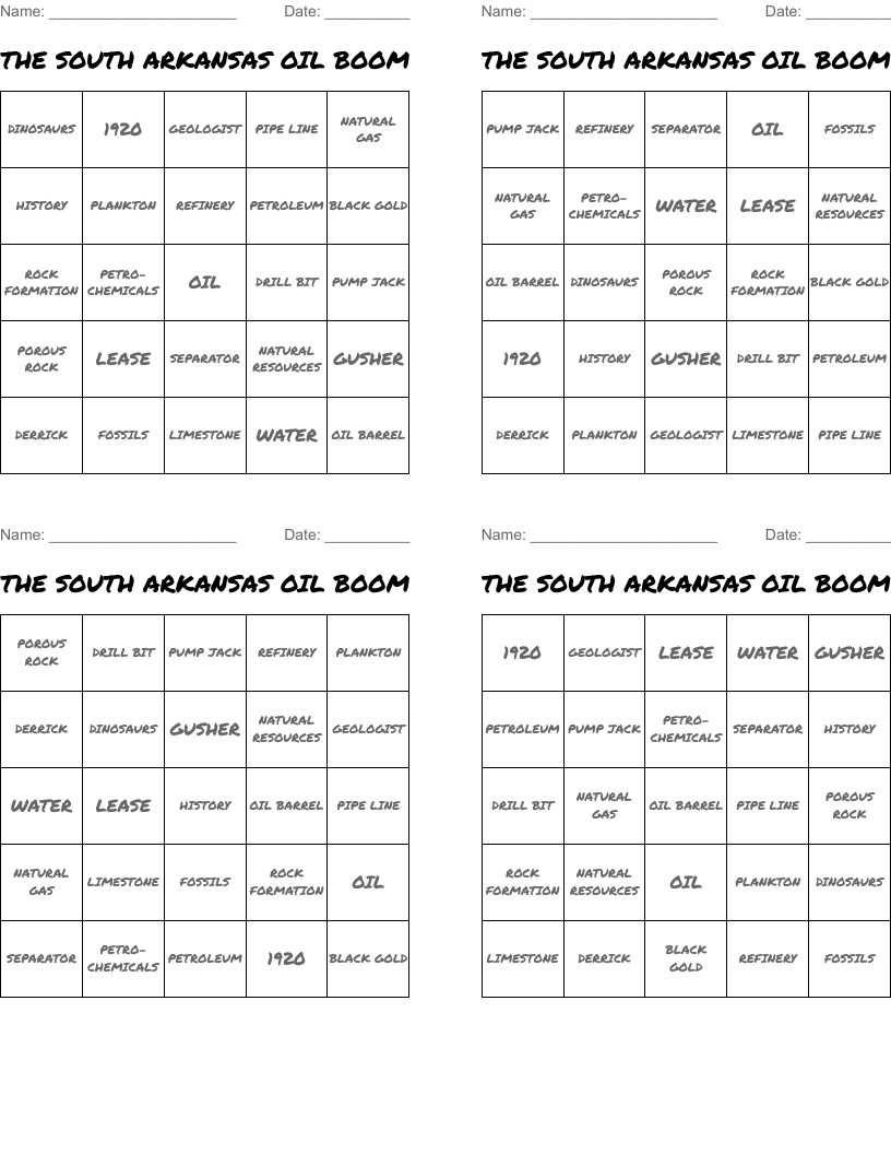 THE SOUTH ARKANSAS OIL BOOM Bingo Cards