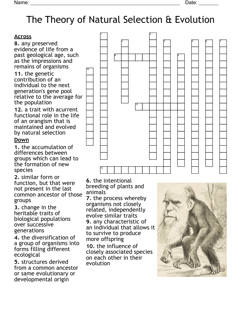 The Theory of Natural Selection  & Evolution Crossword