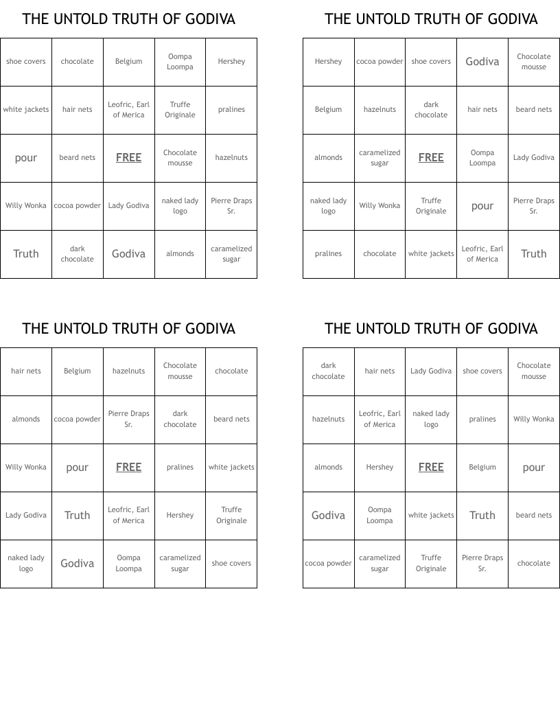 THE UNTOLD TRUTH OF GODIVA Bingo Cards
