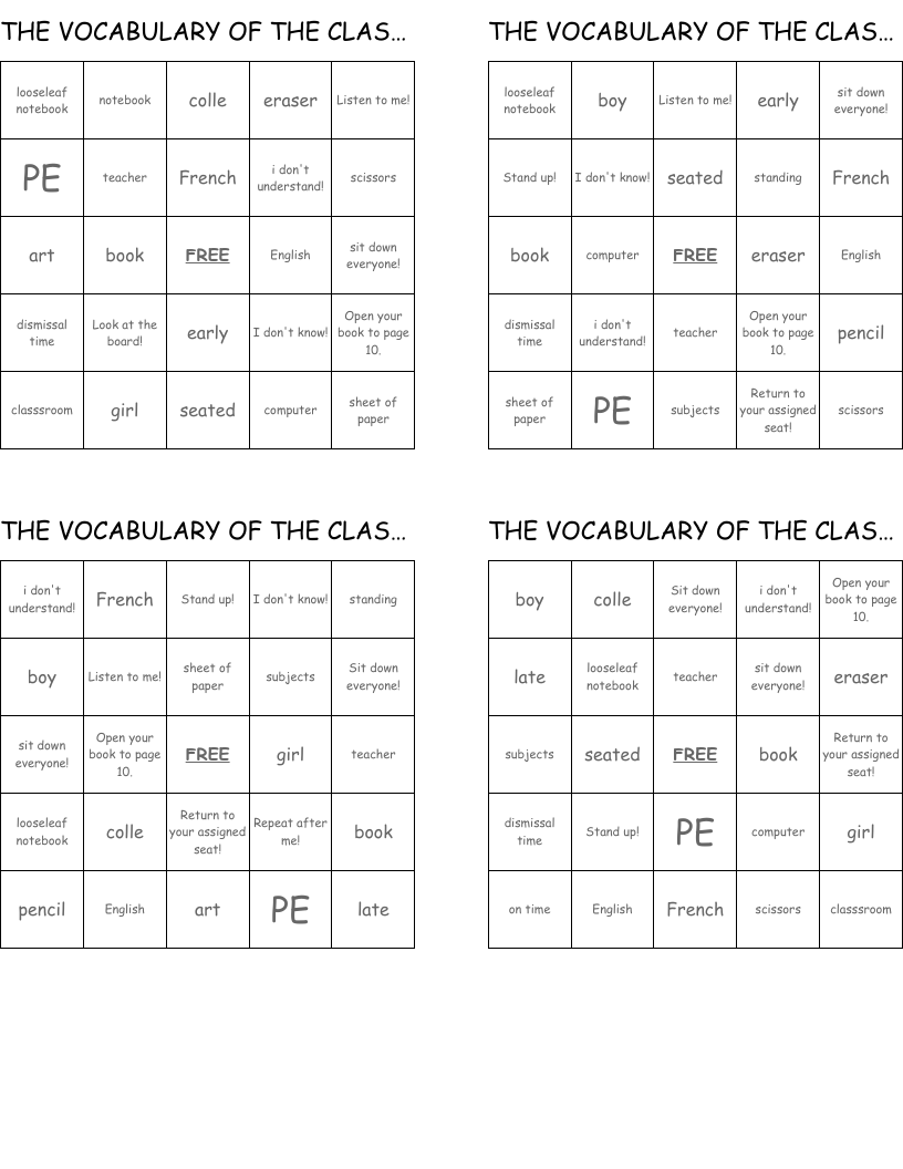 THE VOCABULARY OF THE CLASSROOM AND SCHOOL Bingo Cards