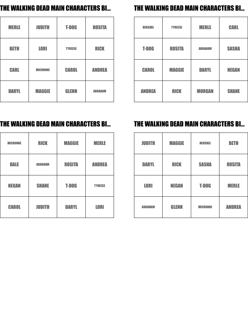 THE WALKING DEAD MAIN CHARACTERS BINGO CARD