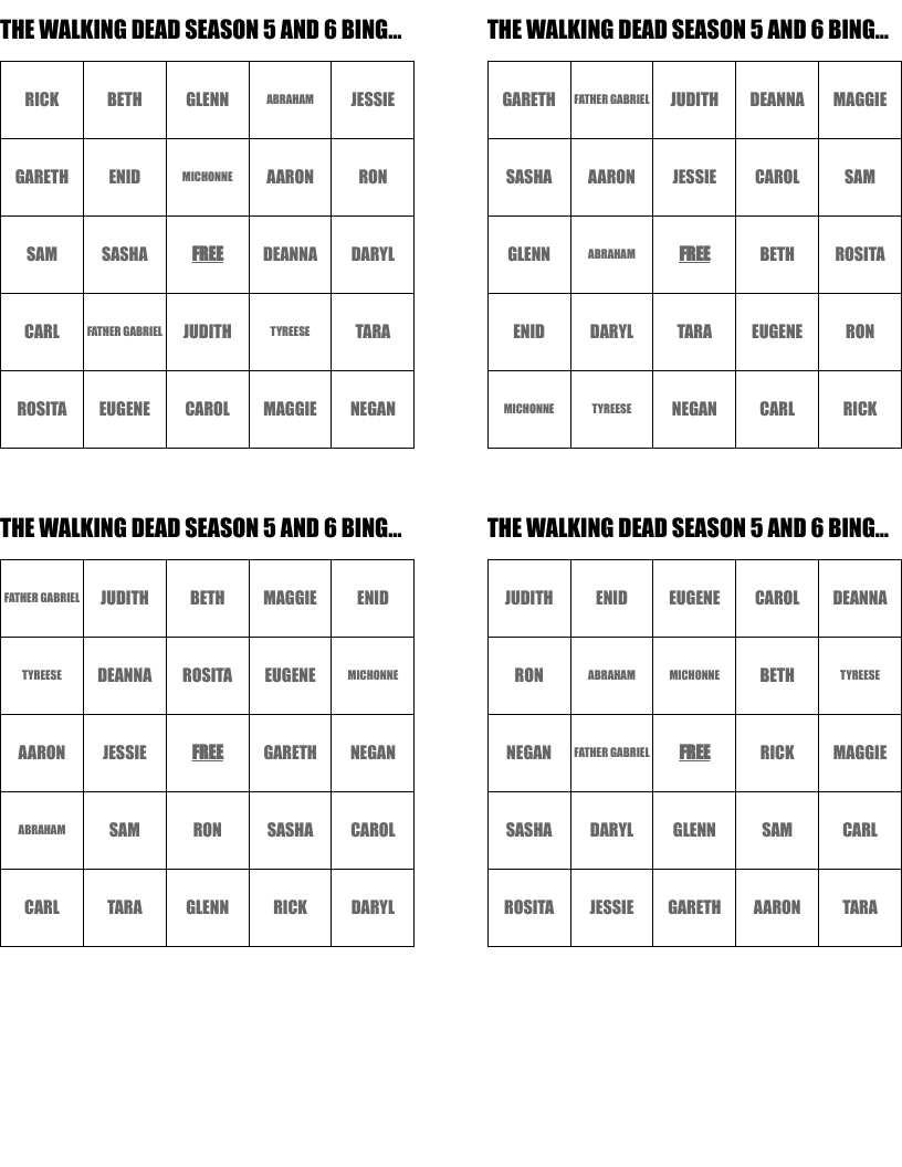 THE WALKING DEAD SEASON 5 AND 6 BINGO CARD